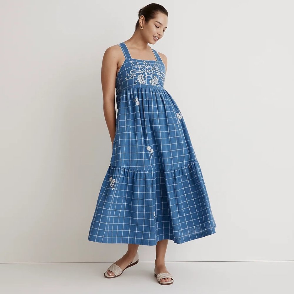 Madewell Embroidered Cicely Tiered Midi Dress in Plaid